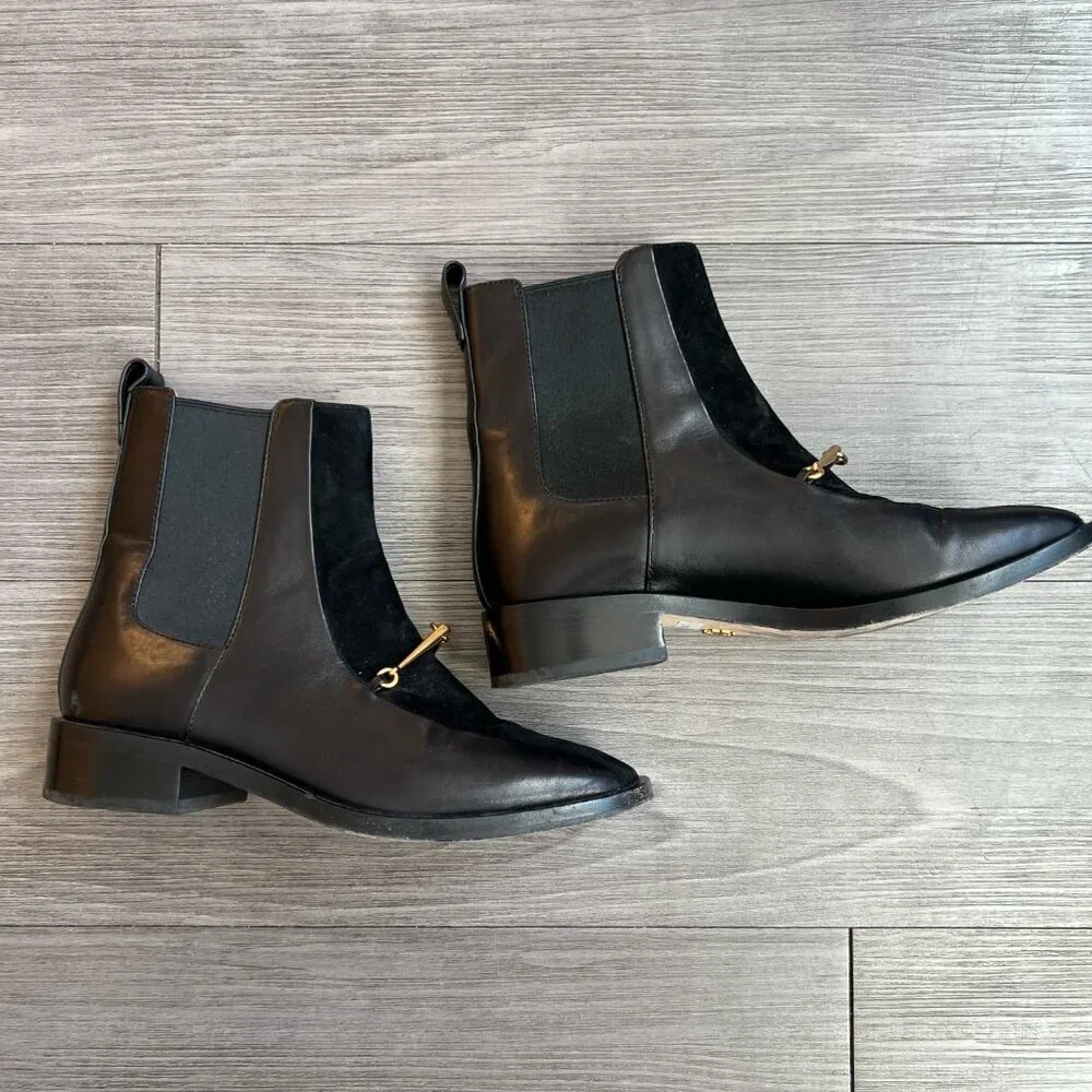 Tory Burch Equestrian Link Chelsea Boots Black Leather Suede Size W5